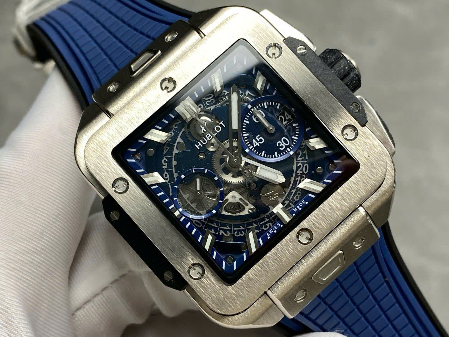 Hublo Square Bang Unico Titanium Replica Watches Blue Rubber Strap BBF Factory 42mm