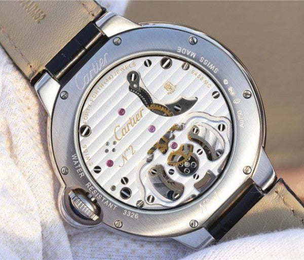 Replica Cartier Ballon Bleu de Cartier Tourbillon SS Full paved Diamonds Leather Strap
