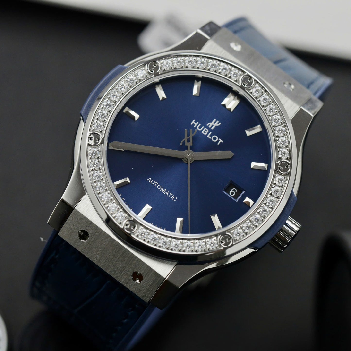 Hublot Classic Fusion Titanium Replica Watches Blue Dial Custom Moissanite Diamonds 42mm