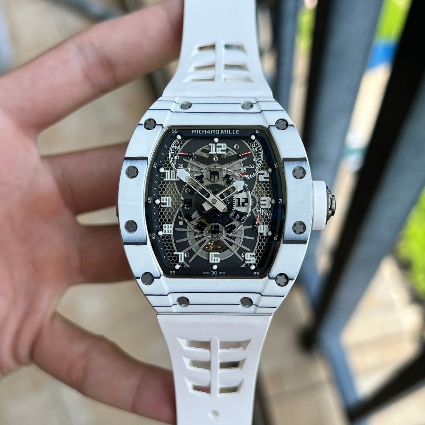 Richard Mille RM 022 Replica White Case White Strap Watch For Men ¨C Skeletonized Dial And Carbon Fiber Case