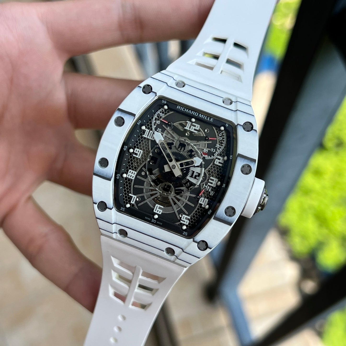 Richard Mille RM 022 Replica White Case White Strap Watch For Men ¨C Skeletonized Dial And Carbon Fiber Case