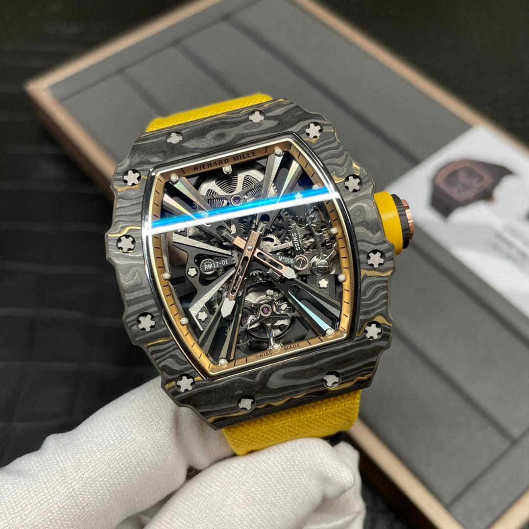 Swiss Replica Richard Mille RM 12-01 Tourbillon Watch ¨C Bold Yellow Fabric Strap, Carbon Fiber Barrel Case, Skeleton Dial