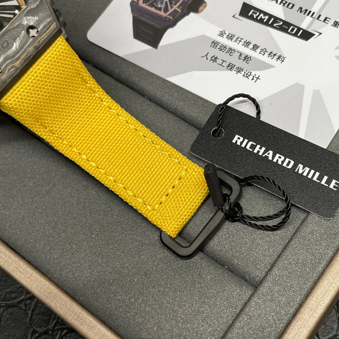 Swiss Replica Richard Mille RM 12-01 Tourbillon Watch ¨C Bold Yellow Fabric Strap, Carbon Fiber Barrel Case, Skeleton Dial