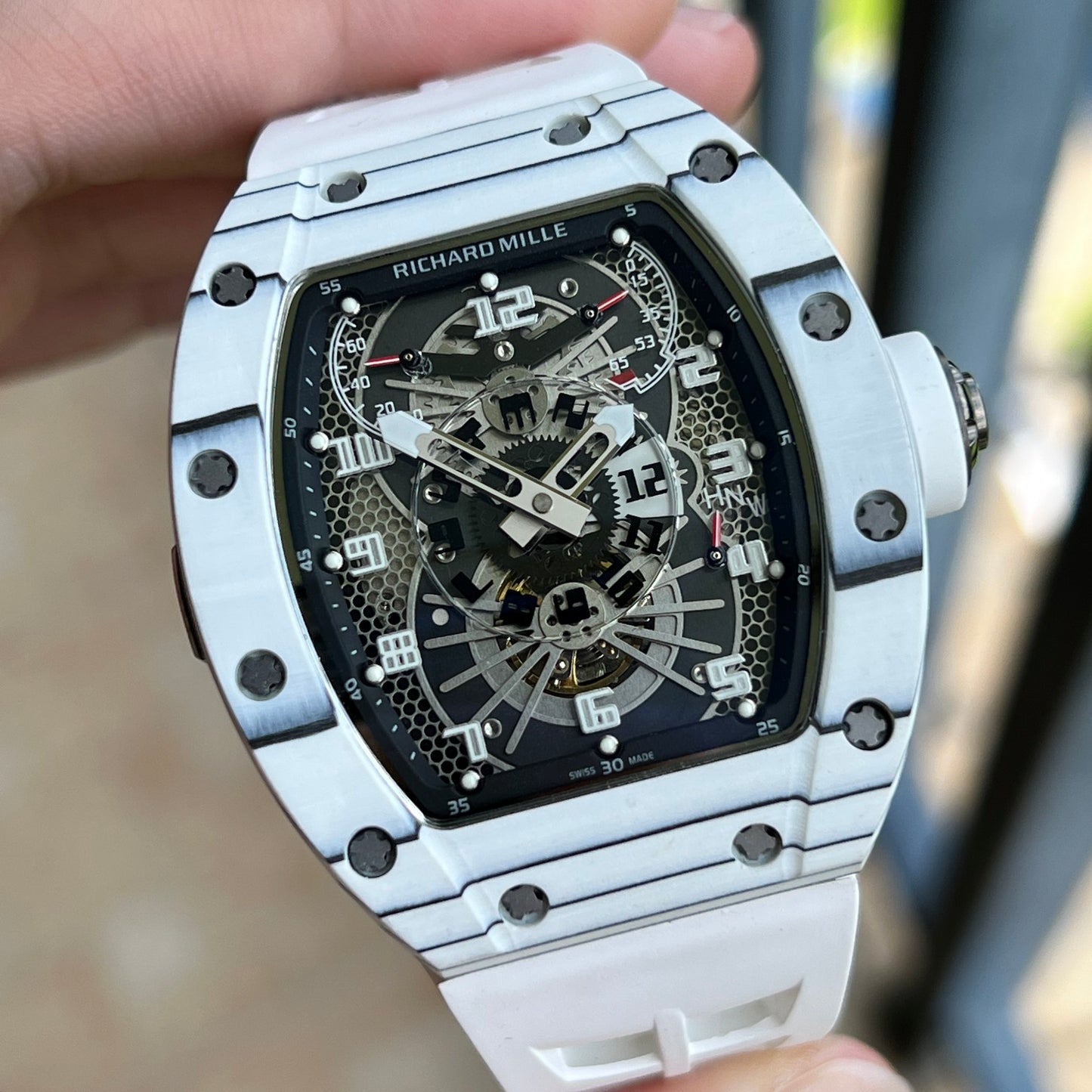 Richard Mille RM 022 Replica White Case White Strap Watch For Men ¨C Skeletonized Dial And Carbon Fiber Case