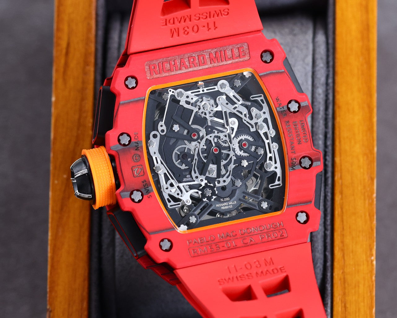 Best Richard Mille RM 50-03 Mclaren Replica Red Strap Watch For Men ¨C Red Carbon Skeleton Dial with Swiss Movement