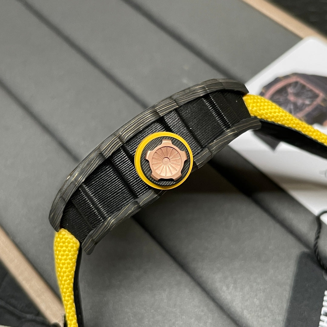 Swiss Replica Richard Mille RM 12-01 Tourbillon Watch ¨C Bold Yellow Fabric Strap, Carbon Fiber Barrel Case, Skeleton Dial