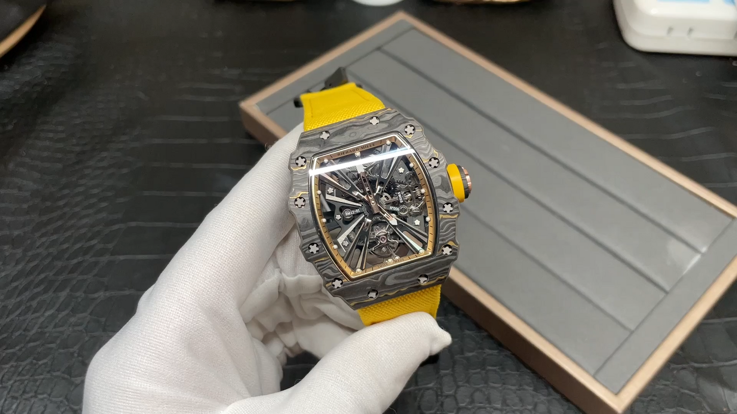 Swiss Replica Richard Mille RM 12-01 Tourbillon Watch ¨C Bold Yellow Fabric Strap, Carbon Fiber Barrel Case, Skeleton Dial
